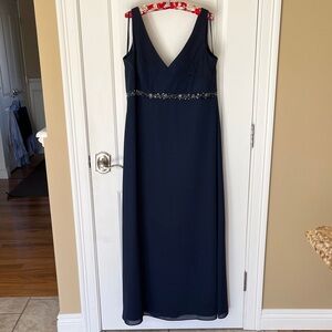 Michaelangelo Navy V-Neck Sleeveless Gown with Beaded Waist, Size 16